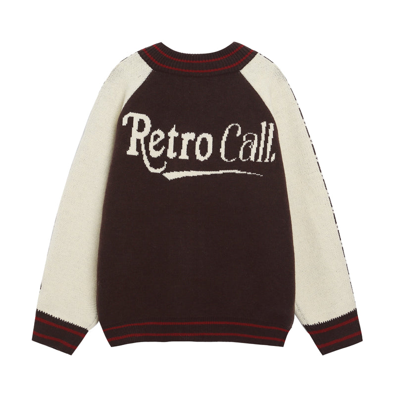 Back view of dark brown knit jacket with large Retro Call. text and cream sleeves