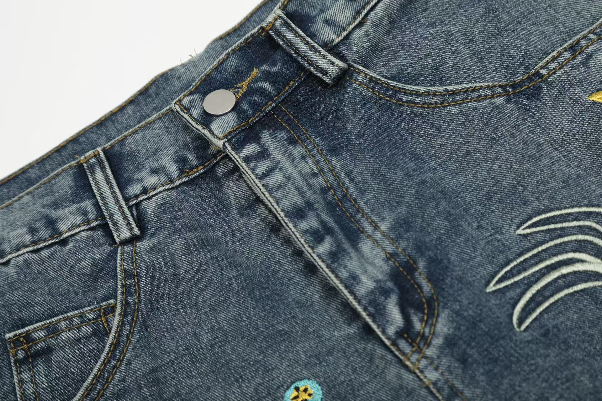 Tropical Embroidered Wide-Leg Denim Jeans | Beach Streetwear