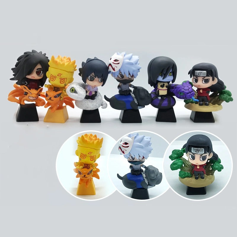 A set of eight chibi-style anime figurines featuring Naruto characters with exaggerated features, colorful outfits, and accessories perfectly complements the Naruto Ninja Masters Keycap Set for your mechanical keyboard.