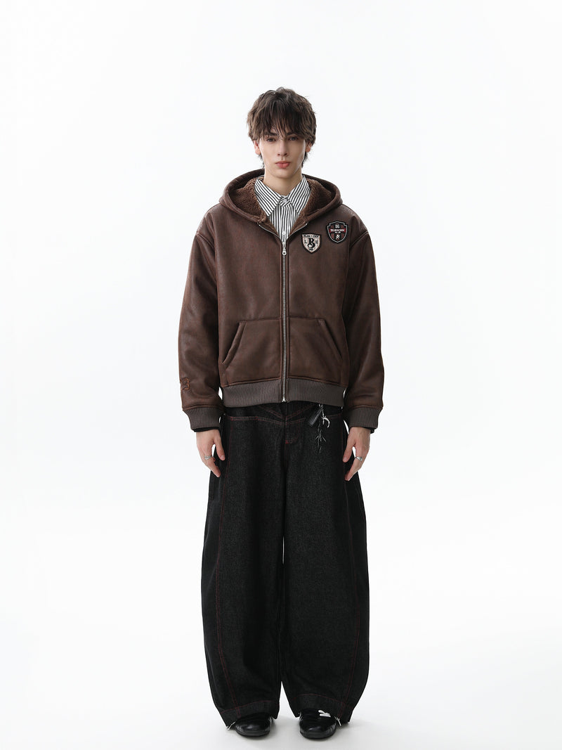 Omirad Badge PU Leather Hooded Varsity Jacket