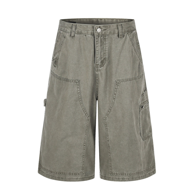 Front view of gray baggy cargo shorts with wide legs, stitched seams, and utility pockets