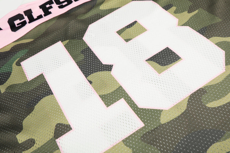 Pink camo mesh football jersey with large white number 18 and pink trim on a camouflage background