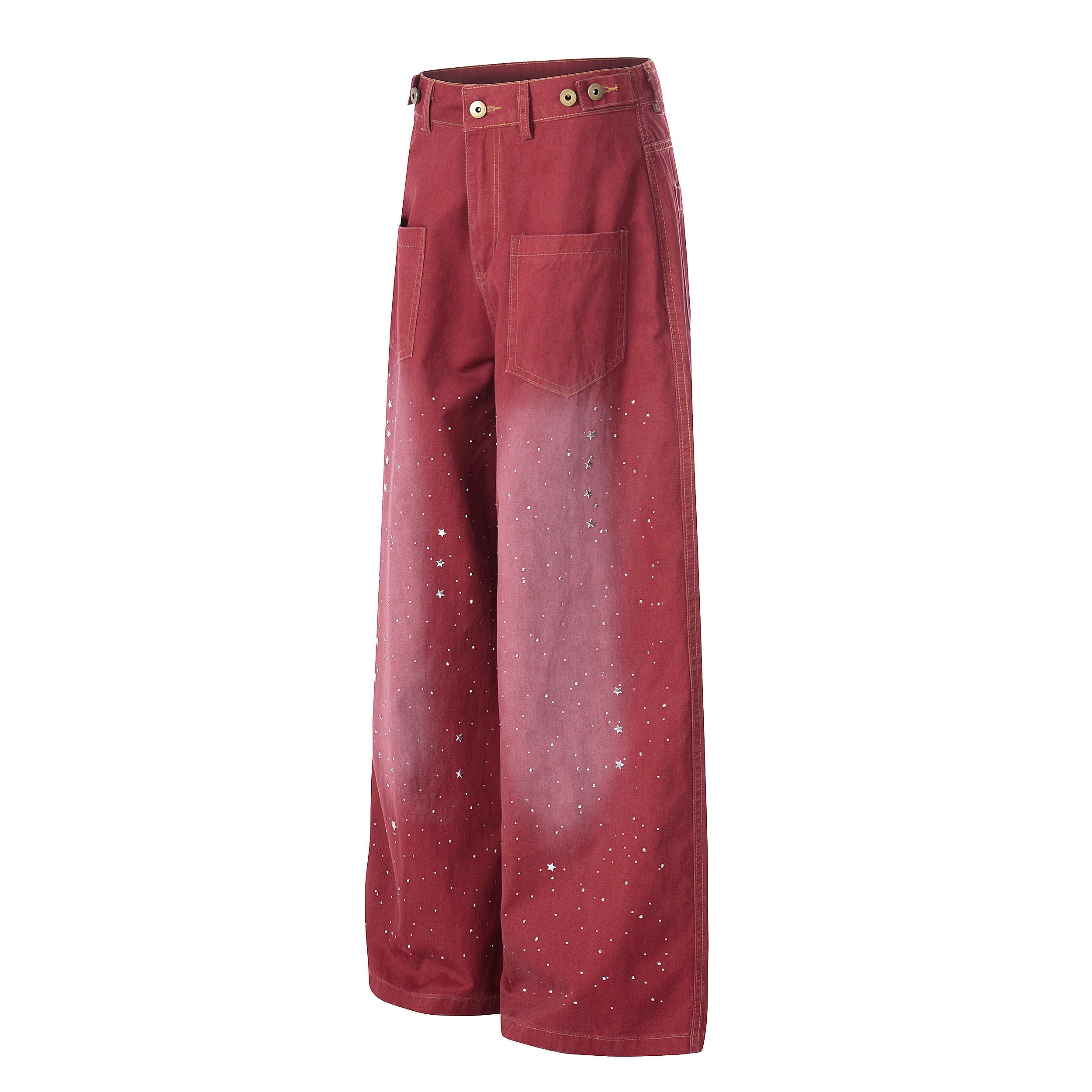 Vintage Red Wide-Leg Jeans | Rhinestone Star Splatter Denim