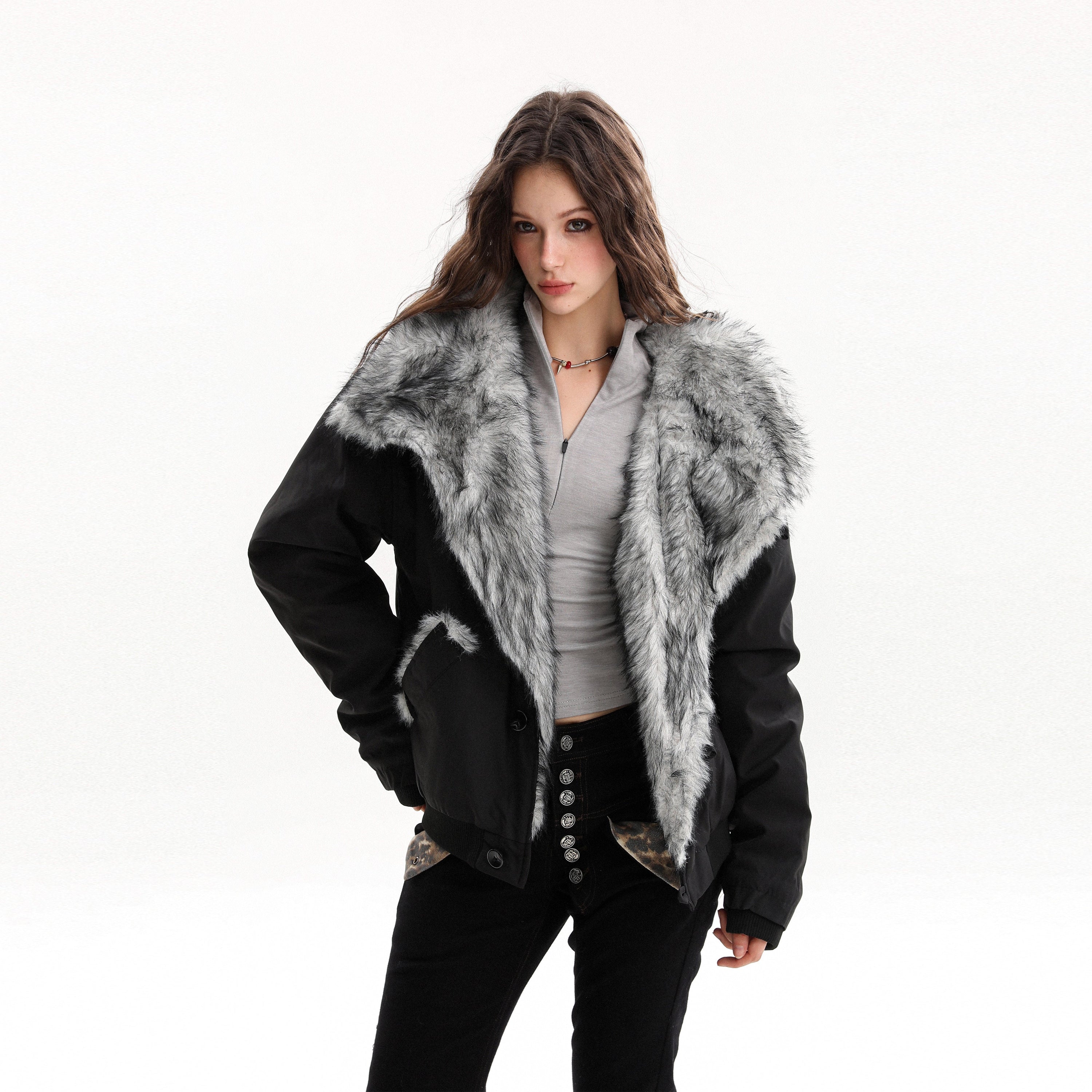 Faux Fur Panel Cropped Bomber Jacket | Streetwear Winter Coat