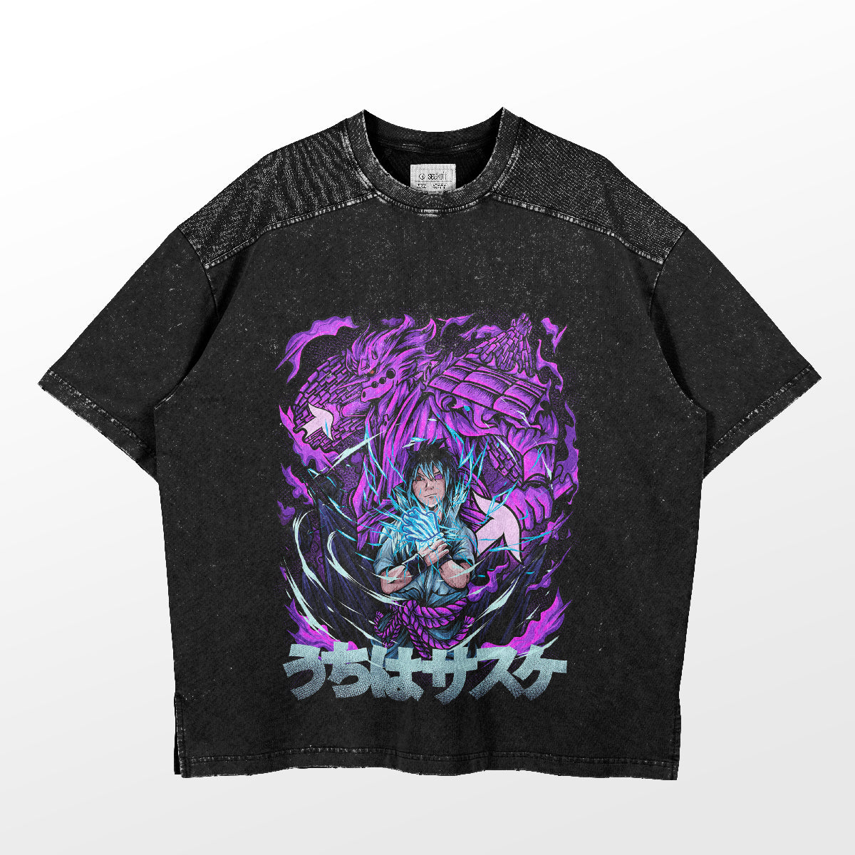 The Sasuke Uchiha Chidori T-Shirt by Naruto features a dramatic design with blue and purple accents, Japanese text, and a speckled pattern. Perfect for any Naruto fan.