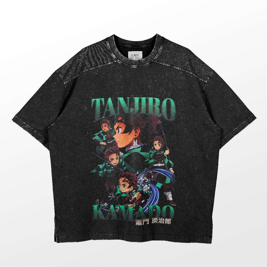 The Tanjiro Kamado Water Breathing T-Shirt from Demon Slayer presents a black tee with dynamic poses of Tanjiro in his iconic green and black outfit, wielding his sword and showcasing his Water Breathing technique, including text in English and Japanese.