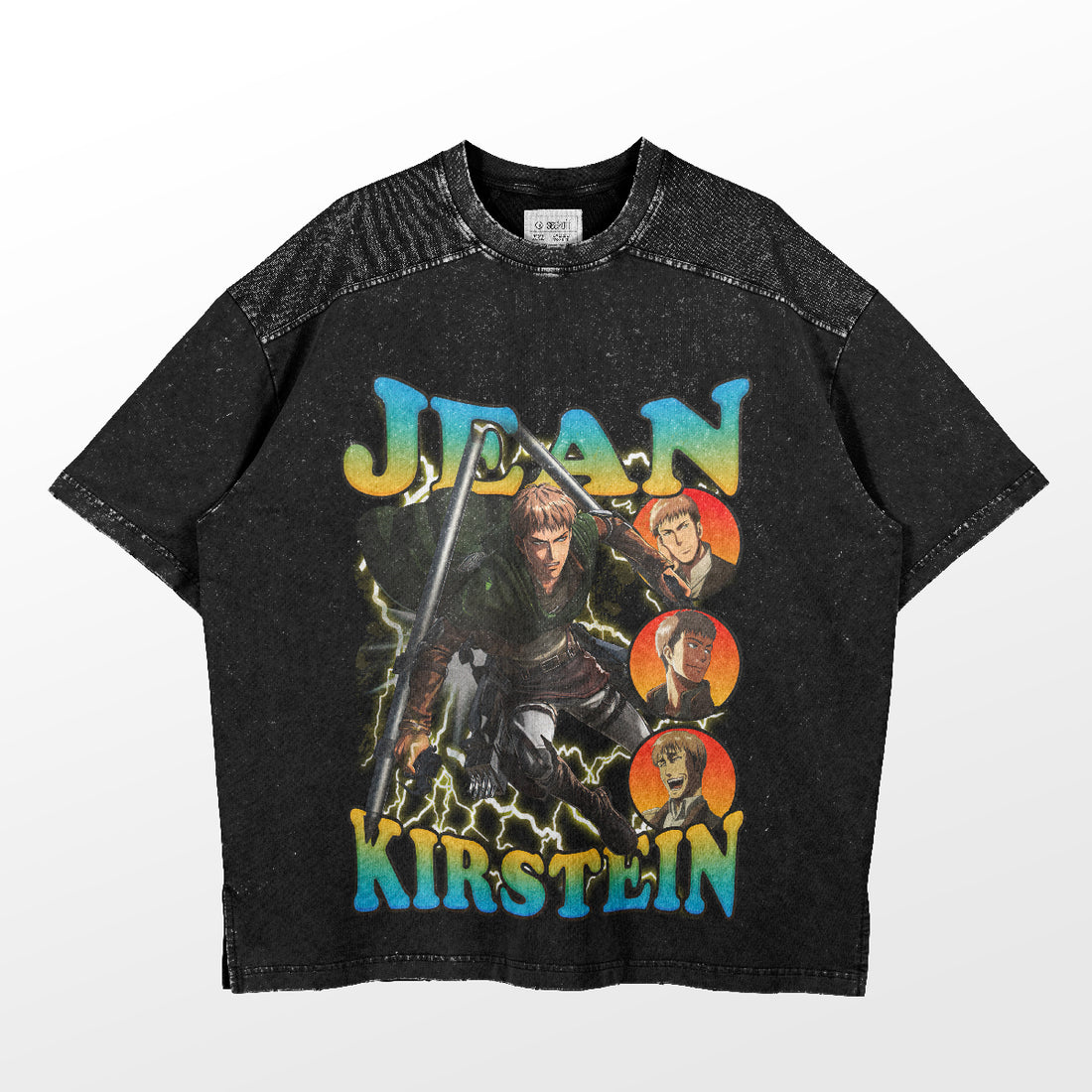 The Jean Kirstein Dynamic Pose T-Shirt by Attack on Titan features vibrant graphics with &quot;Jean Kirstein&quot; text. It showcases a character in a dynamic sword-wielding pose amid electric effects, complemented by smaller portraits on speckled sleeves.