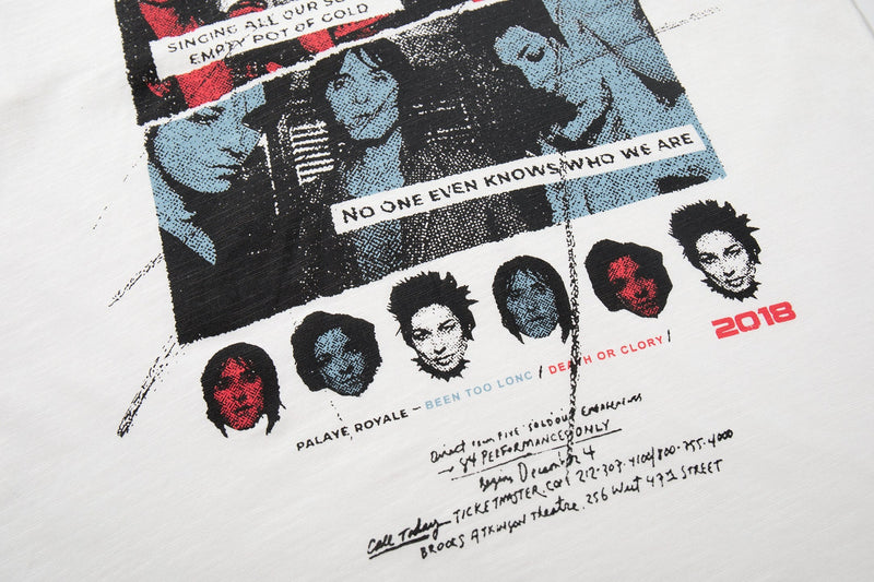 Vintage band poster graphic tee with colorful distressed portraits, handwritten text, and 2018 archive concert artwork