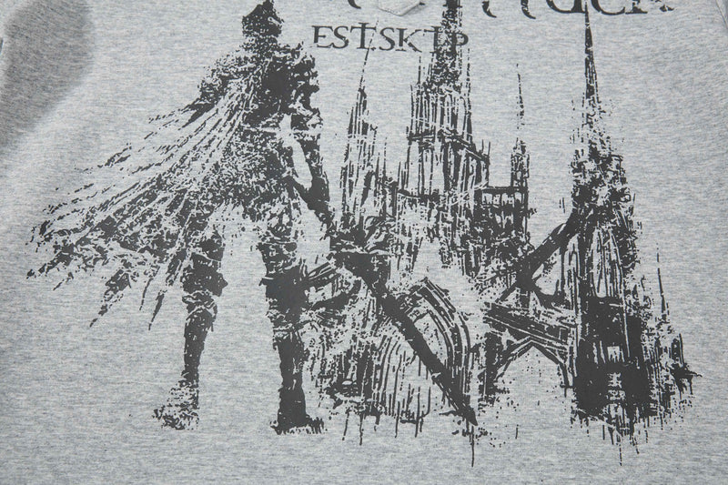 Gray polo tee with distressed black graphic of a medieval knight and gothic castle towers on the chest