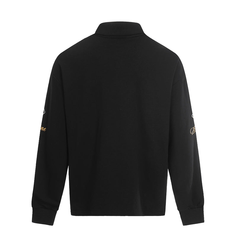 Black long-sleeve polo shirt back view with plain panel and ribbed collar