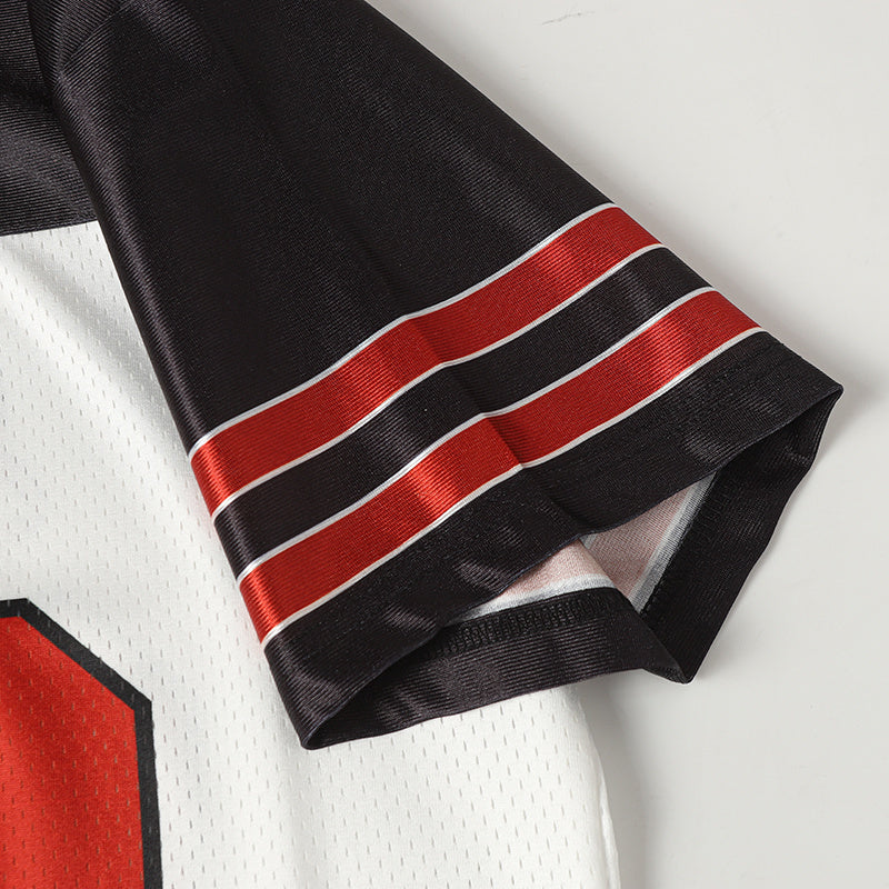 Black and white Mickey and Minnie graphic football jersey with red striped sleeve and number 03 streetwear design