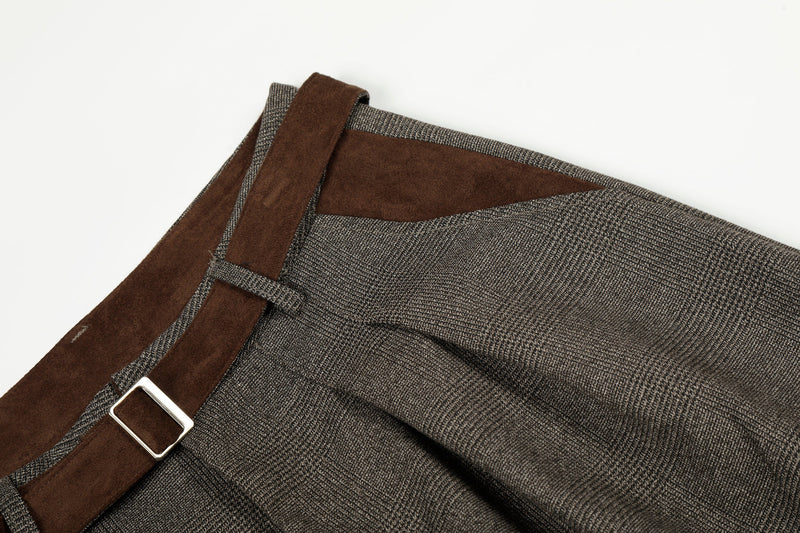 Wide-Leg Plaid Suit Trousers with Suede Trim & Belt