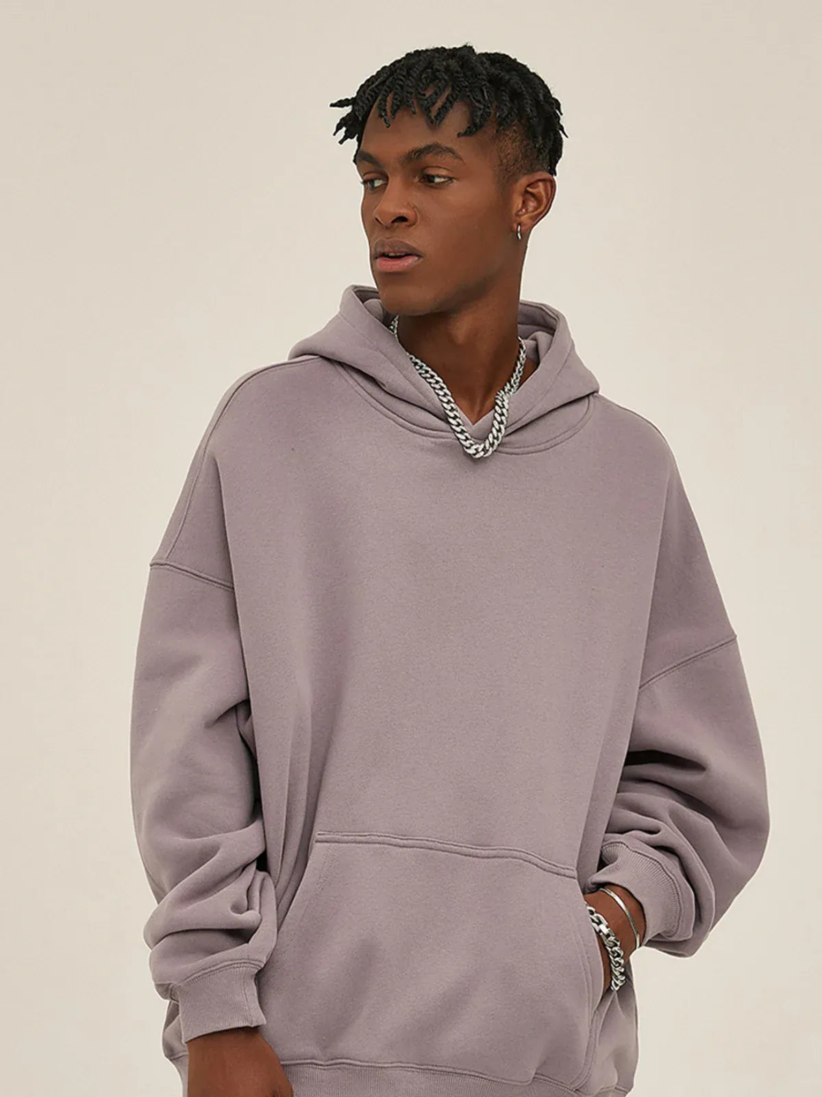 A person wearing the Custom Anime Character Dusty Lavender Hoodie—Personalized 350GSM 100% Cotton Pullover—and a silver chain necklace poses against a plain background.