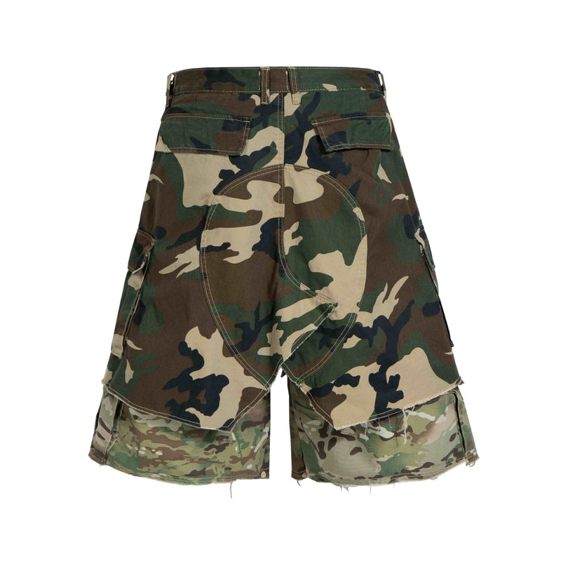Back view of camouflage cargo shorts with rear pockets and patchwork lower panels