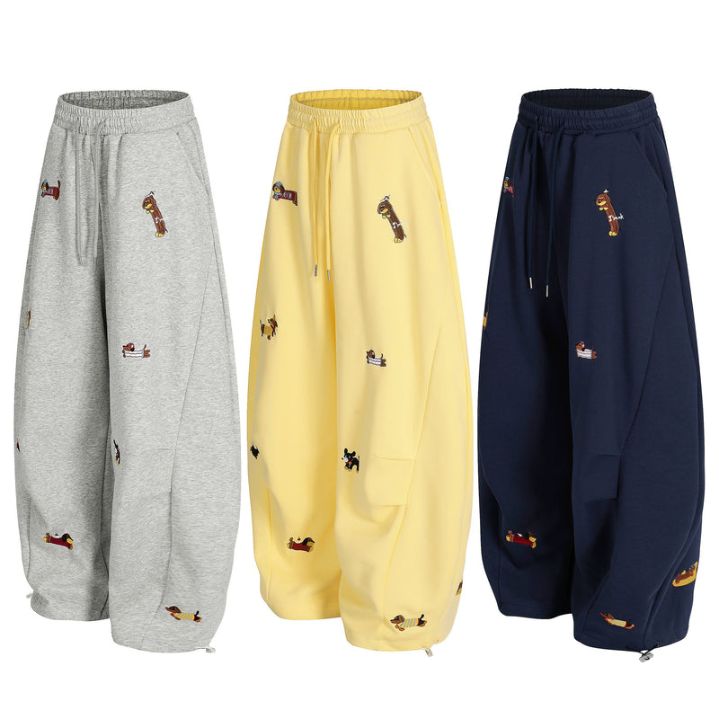 Embroidered Dog Motif Wide-Leg Sweatpants | Omirad