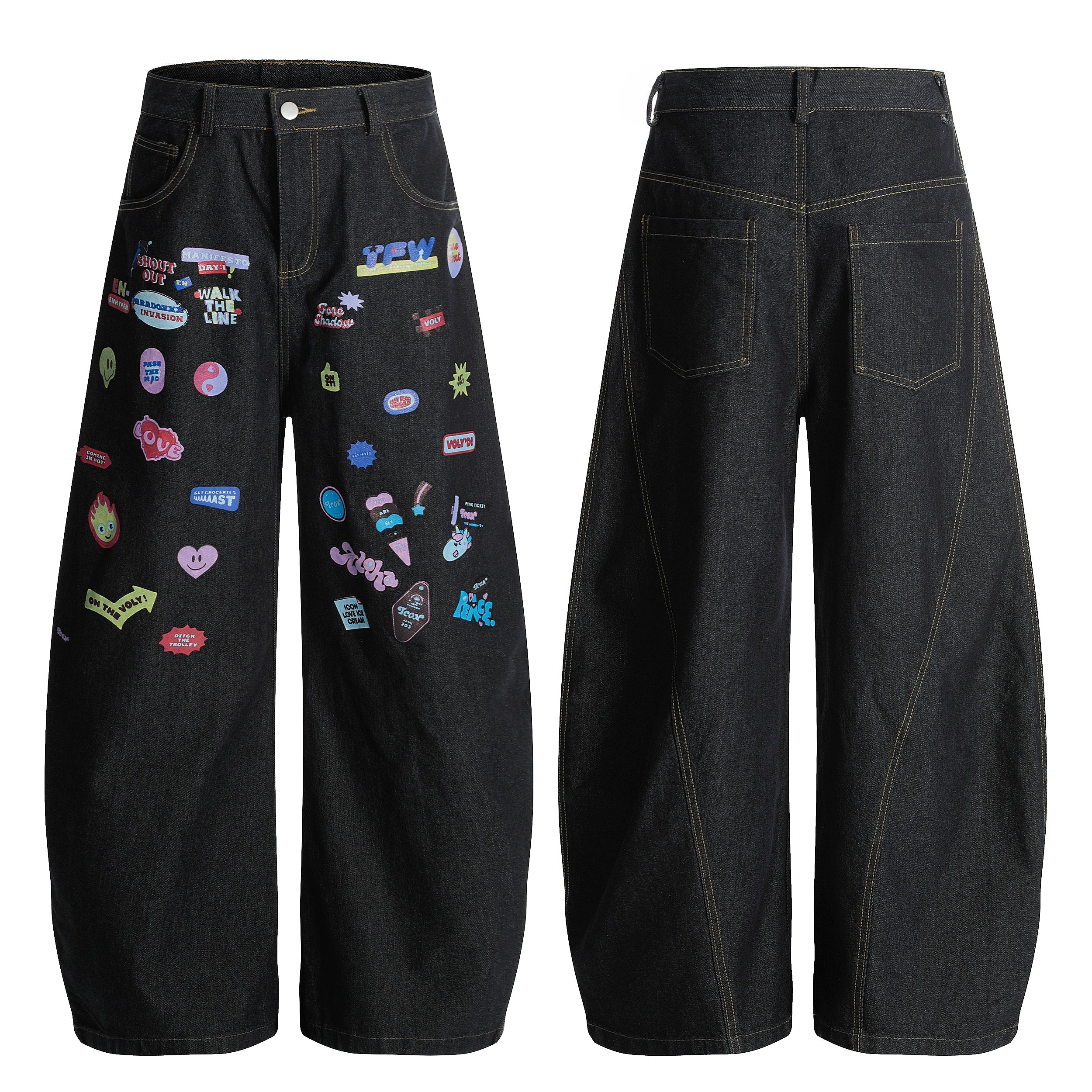 Front and back view of black wide-leg denim jeans covered in colorful retro graphic sticker prints with yellow contrast stitc