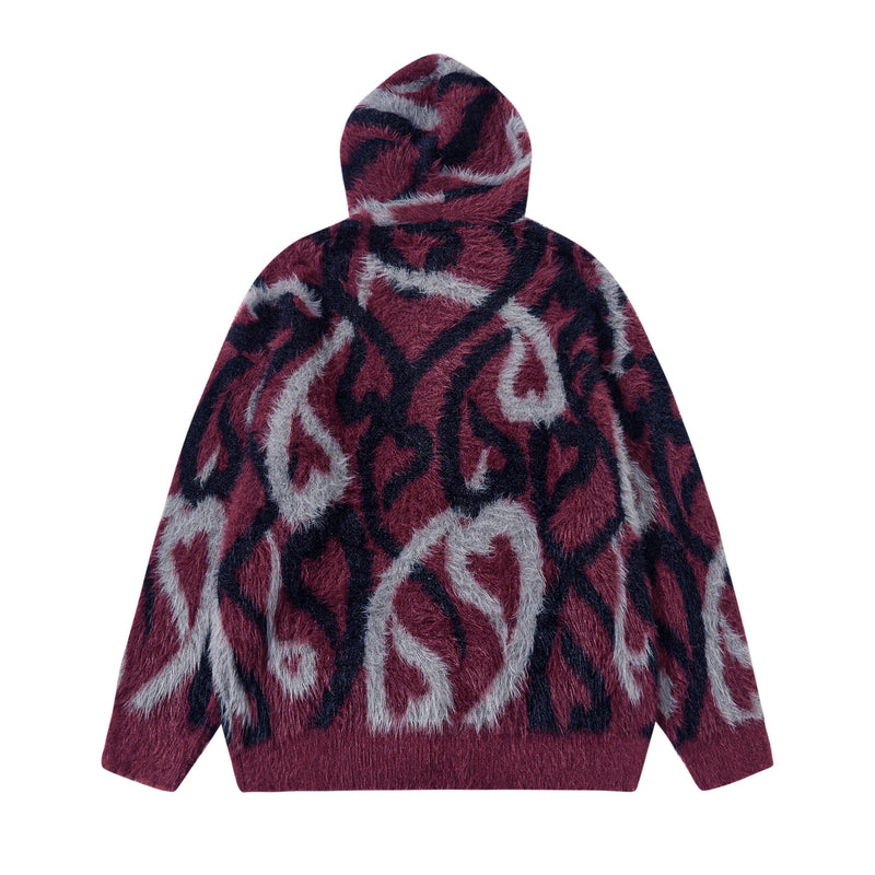 Back view of burgundy faux-fur zip hoodie with abstract flame pattern and hood up