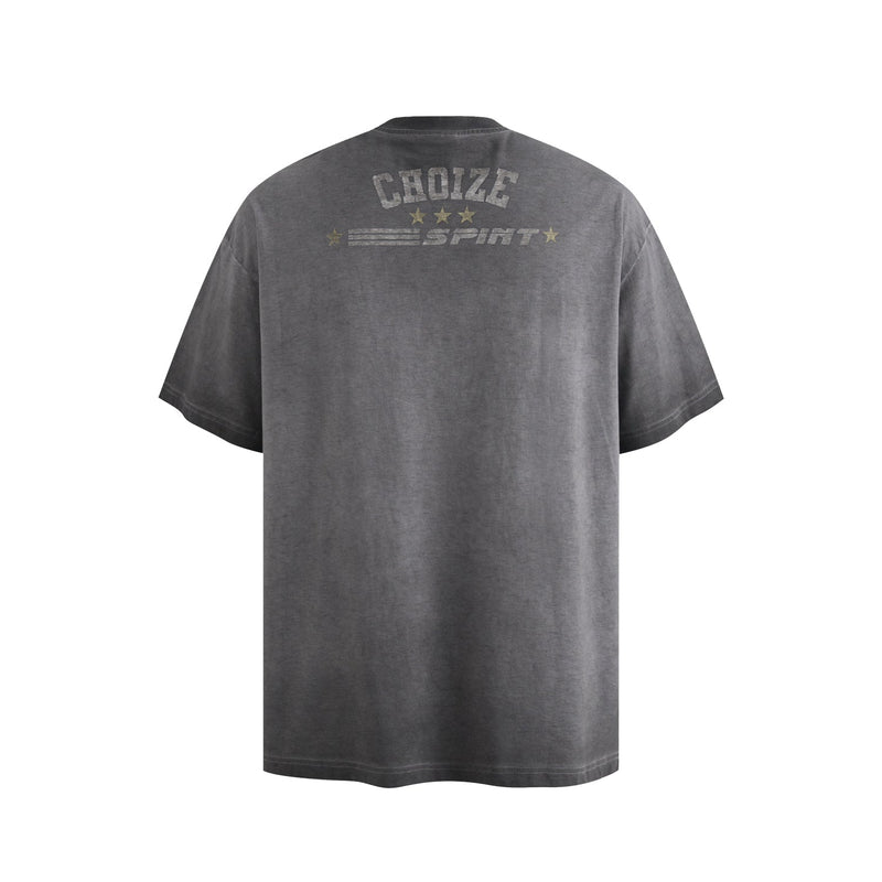 Vintage washed charcoal graphic tee with CHOIZE SPINT logo printed across the back shoulders