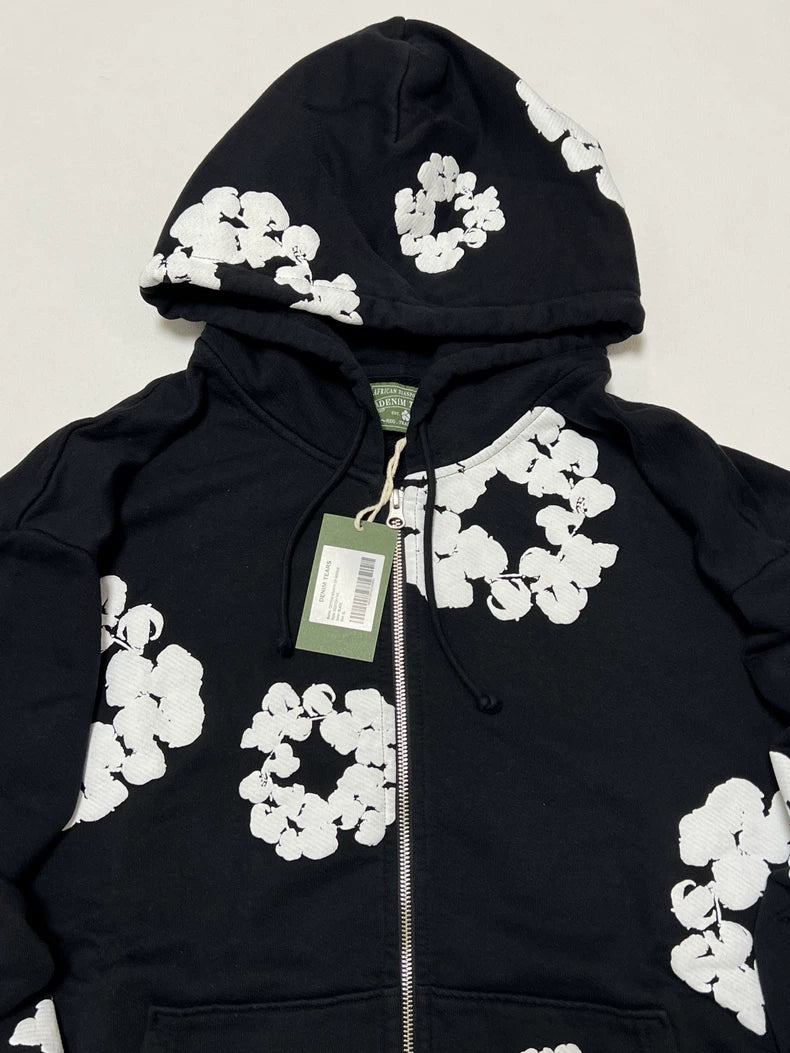 Denim Tears Cotton Wreath Puff Print Zip-Up Hoodie – Black & White