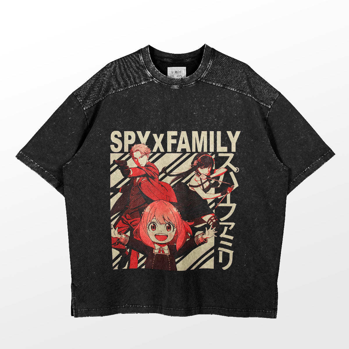 A high-quality Spy × Family Anime T-Shirt with a bold red and black design features three animated characters with Japanese text. Perfect for anime apparel enthusiasts, this textured fabric shirt has a round neckline and is essential for Spy Family Merch collectors.