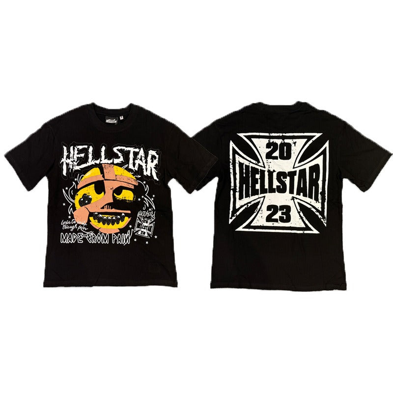 Hellstar ทำจากเสื้อปวด 2023 - เสื้อยืดถ่าน 250gsm สีดำ Hellstar พร้อมกราฟิกยิ้มและโลโก้ข้ามพิมพ์กลับ