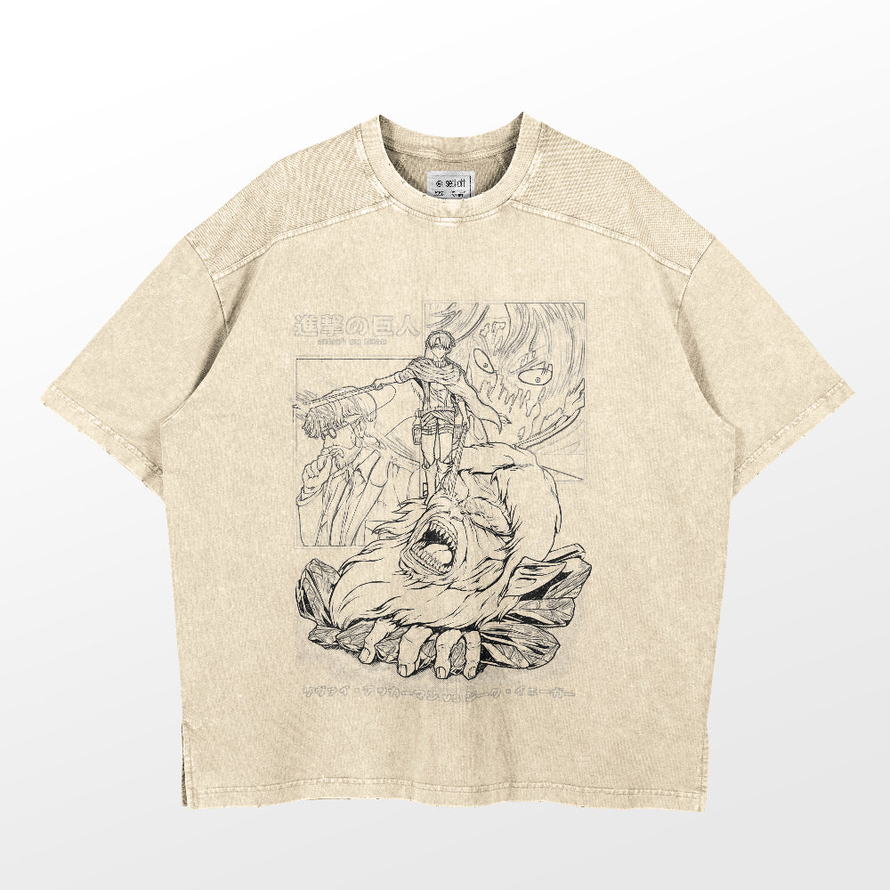 The Attack on Titan Levi Ackerman vs. Beast Titan Washed Vintage T-Shirt features a graphic sketch of Levi with a sword atop the Beast Titan's head, framed by bold text. Made from 260 GSM high-quality cotton, this beige anime streetwear item captures dynamic action and style.