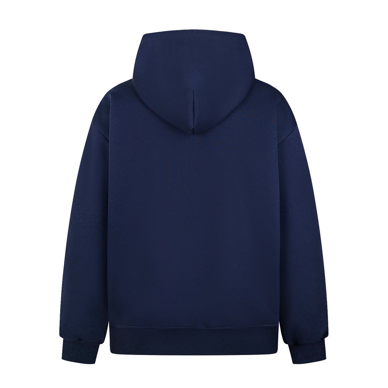Back view of a navy zip-up hoodie with a plain hood and ribbed hem