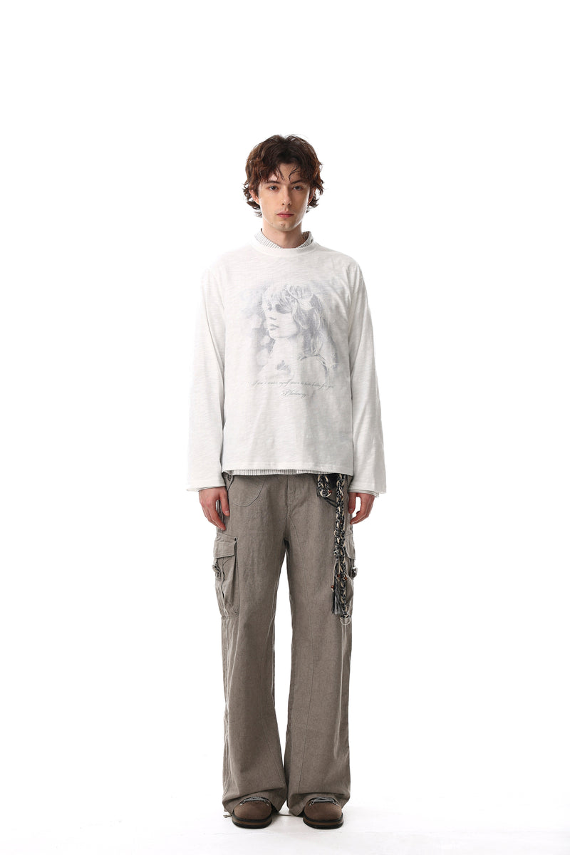 Full-body front view of off-white long sleeve tee styled with cargo pants