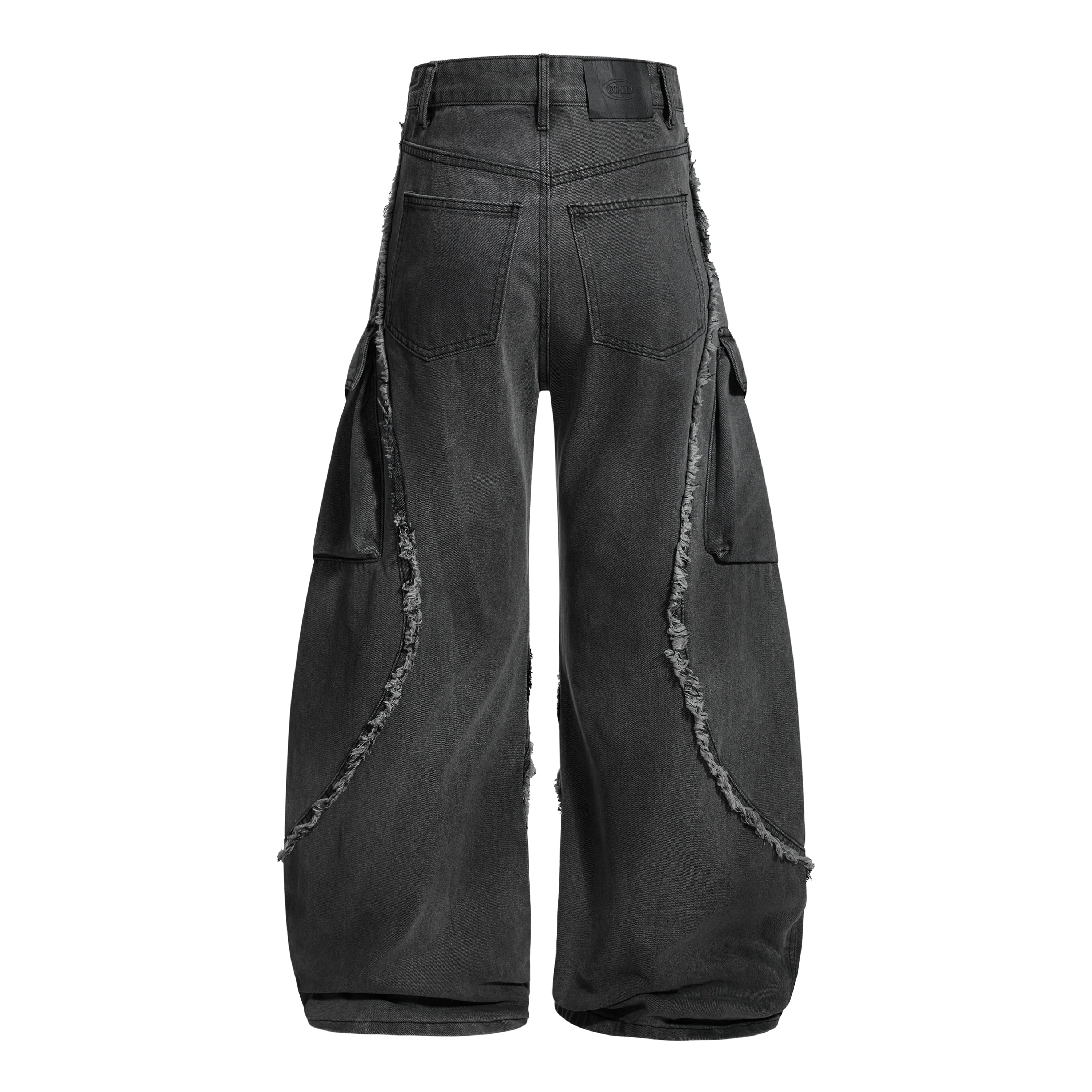 Omirad Washed Frayed Curved Cargo Jeans | Wide-Leg