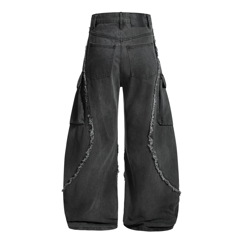 Back view of black wide-leg cargo jeans with frayed seam accents and back pockets