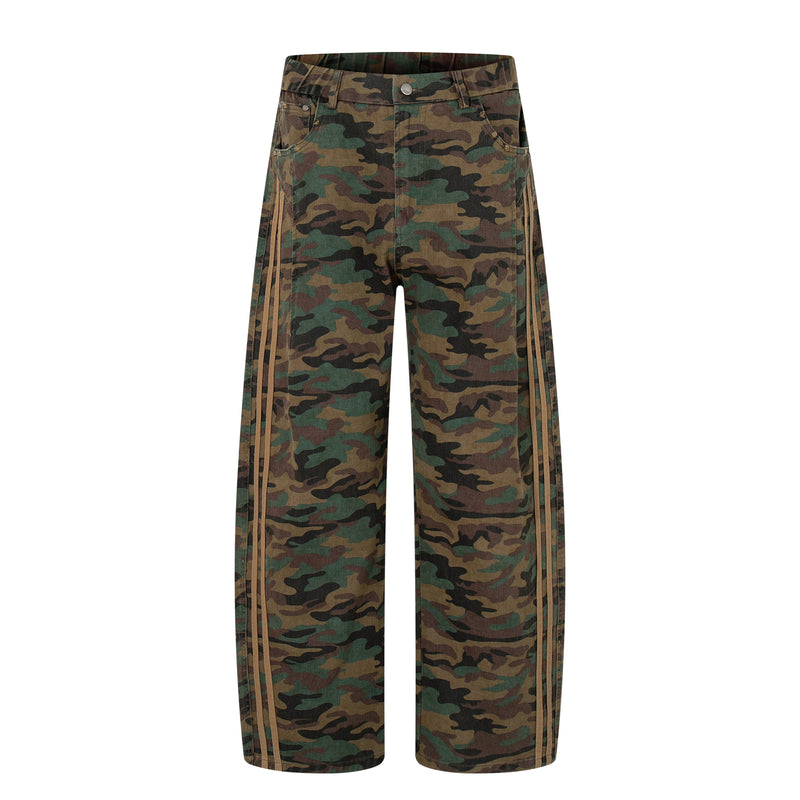 Front view of woodland camo wide-leg pants with triple side stripes