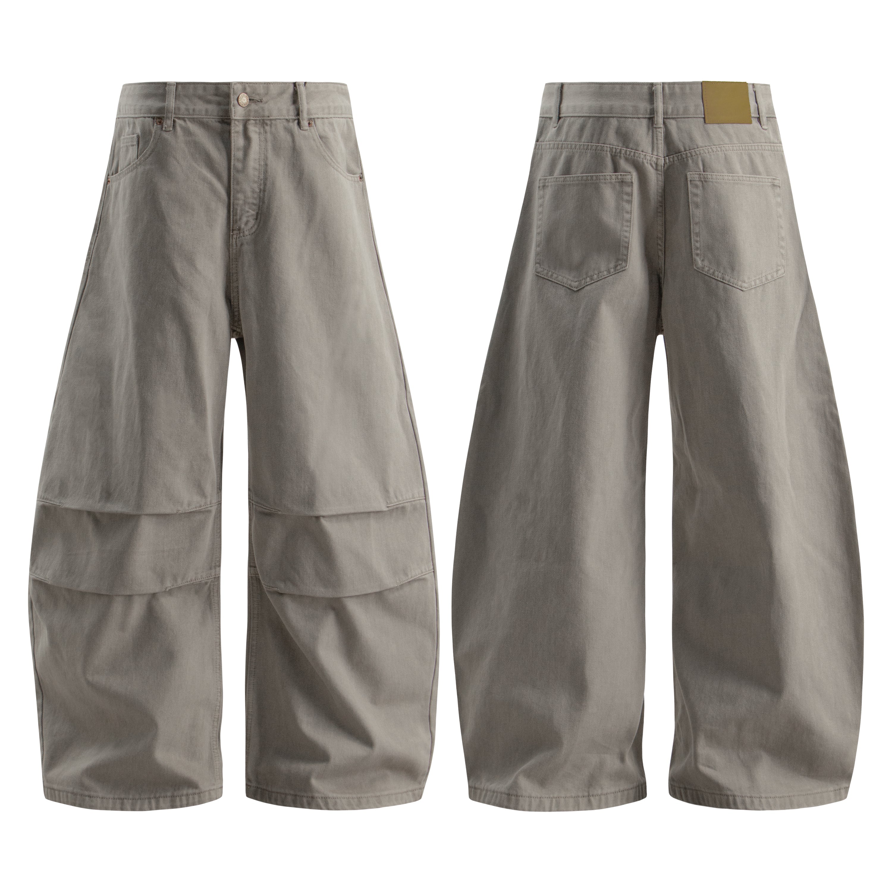 Front and back view of grey washed wide-leg denim pants with multi-panel stitched construction and five-pocket design