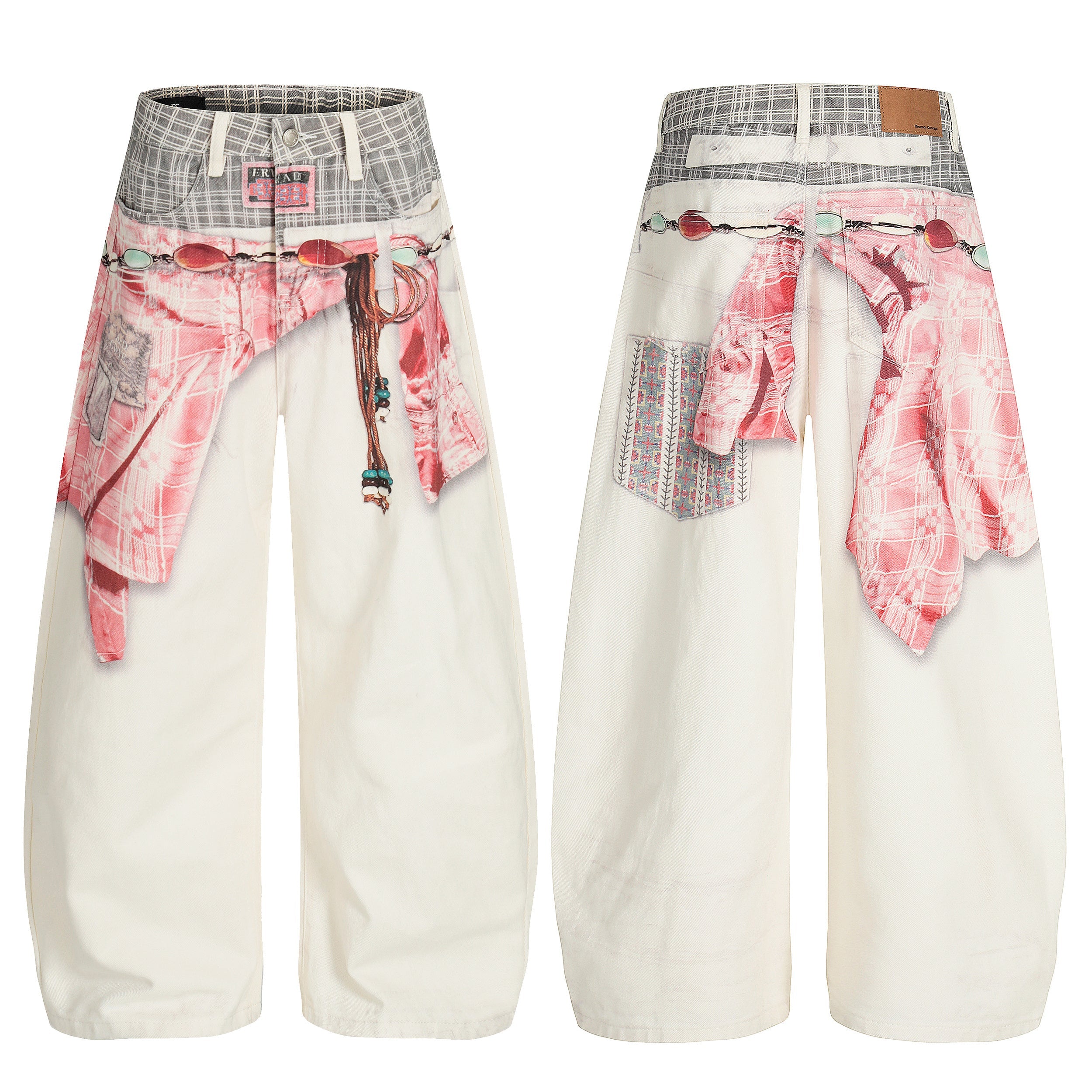 Front and back view of white wide-leg denim pants with digital print of layered pink plaid shirt and beaded accessories at th