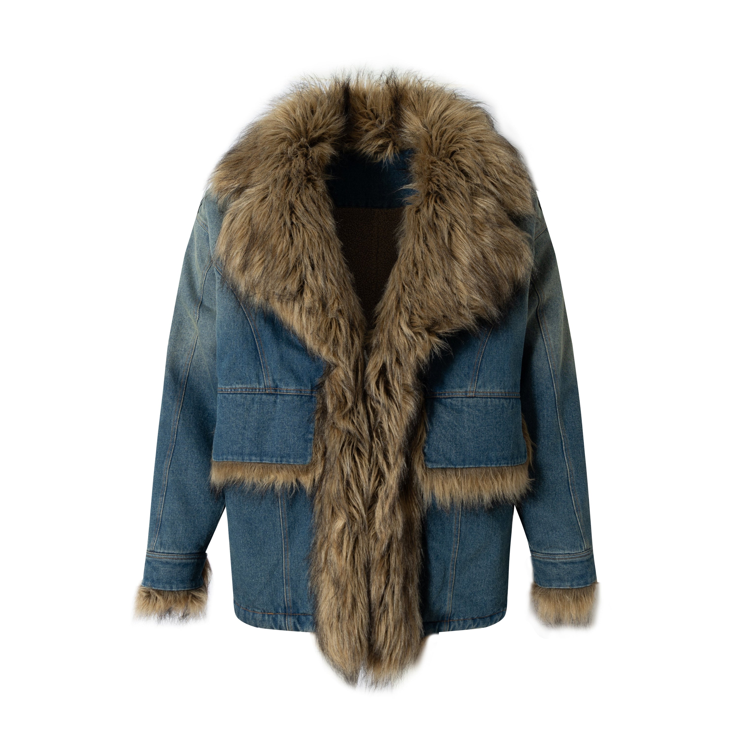 Oversized vintage-wash denim jacket with brown faux-fur collar, front trim, and cuffs, shown from the front on a white backgr