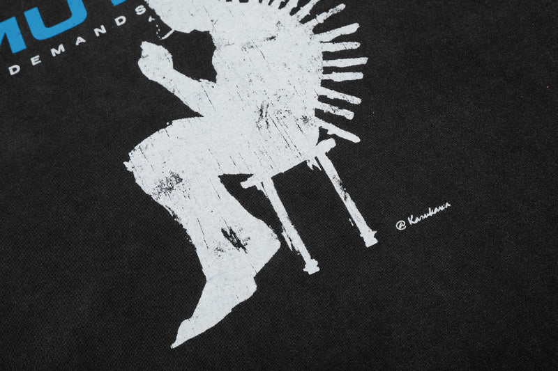 Black vintage washed graphic tee with distressed white skeletal figure print and blue streetwear lettering