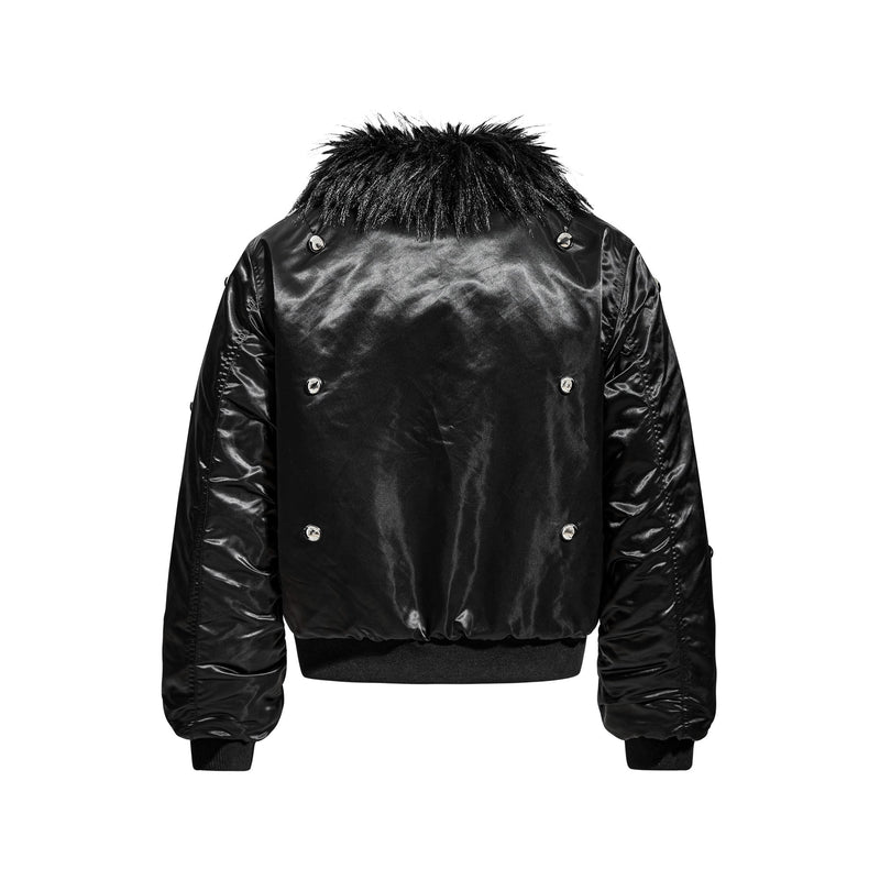 Omirad Glossy Bomber Jacket with Detachable Faux Fur Collar