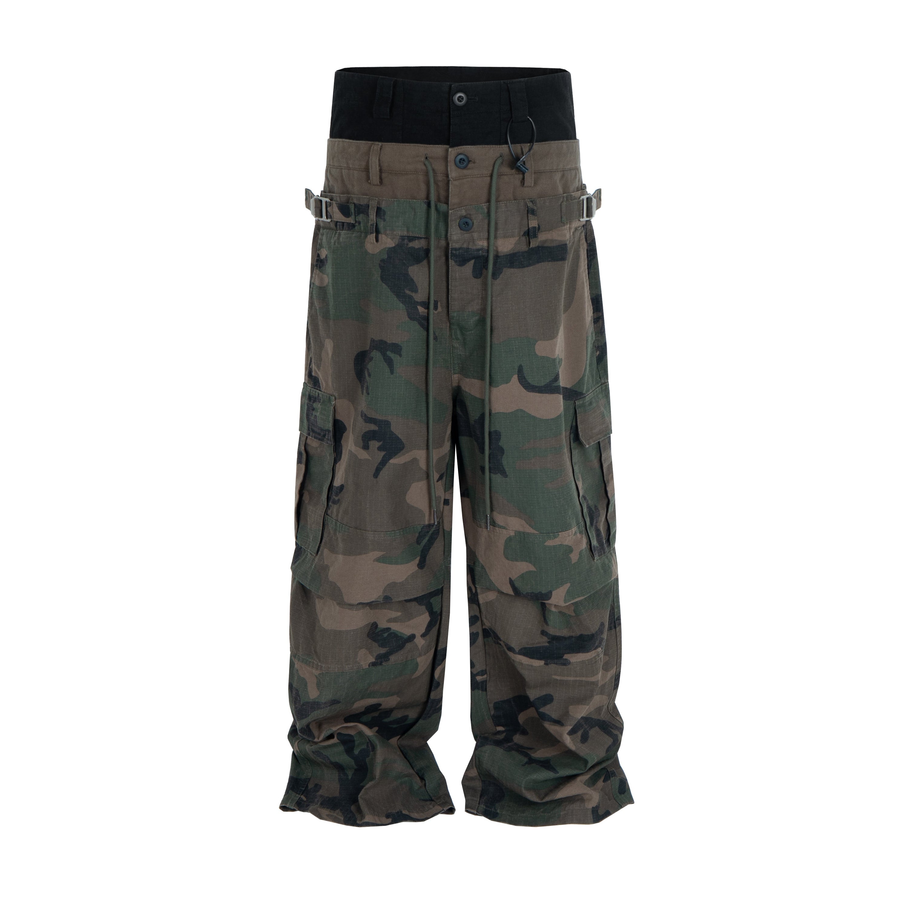 Omirad double-waist woodland camo cargo pants with wide leg fit, side buckle straps, and stacked hem, front view