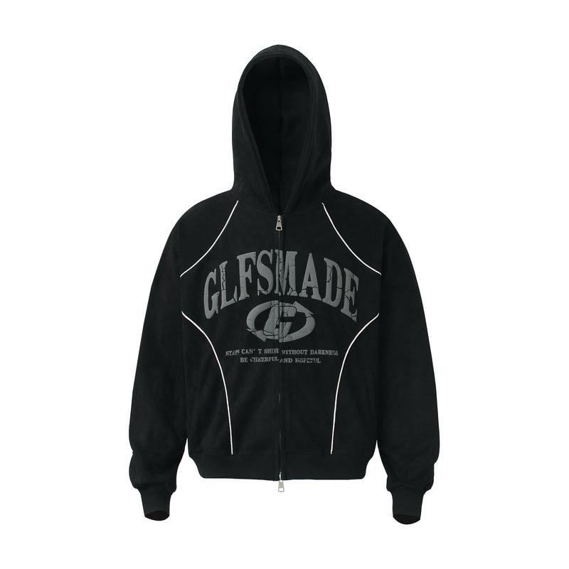 Black suede zip-up hoodie with gray graphic print and white piping, front view