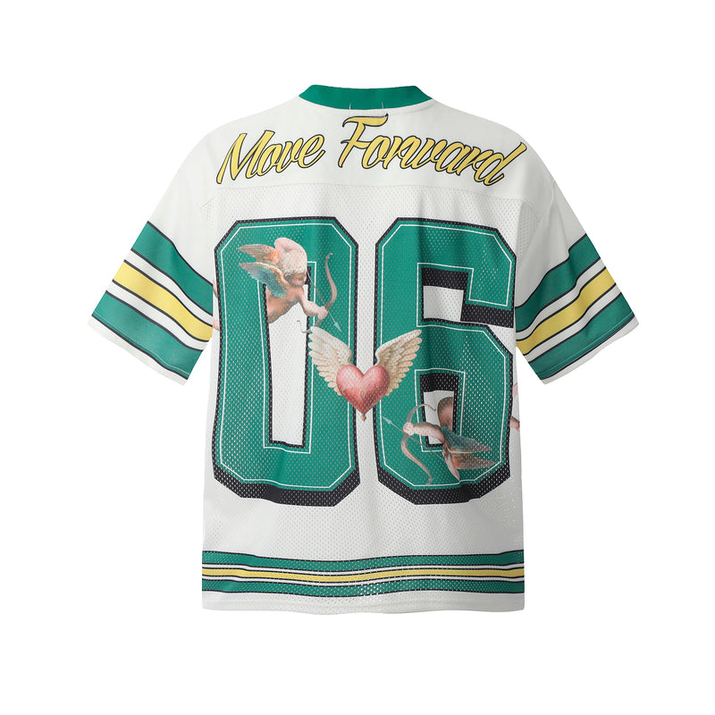 White and teal varsity football jersey top with 06 graphic, angel artwork, and Move Forward text on the back