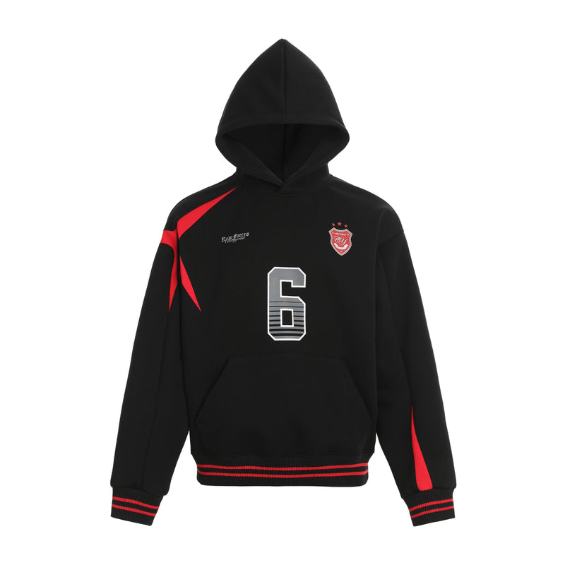Black fleece hoodie with red sport stripes, varsity number 6 graphic, front view