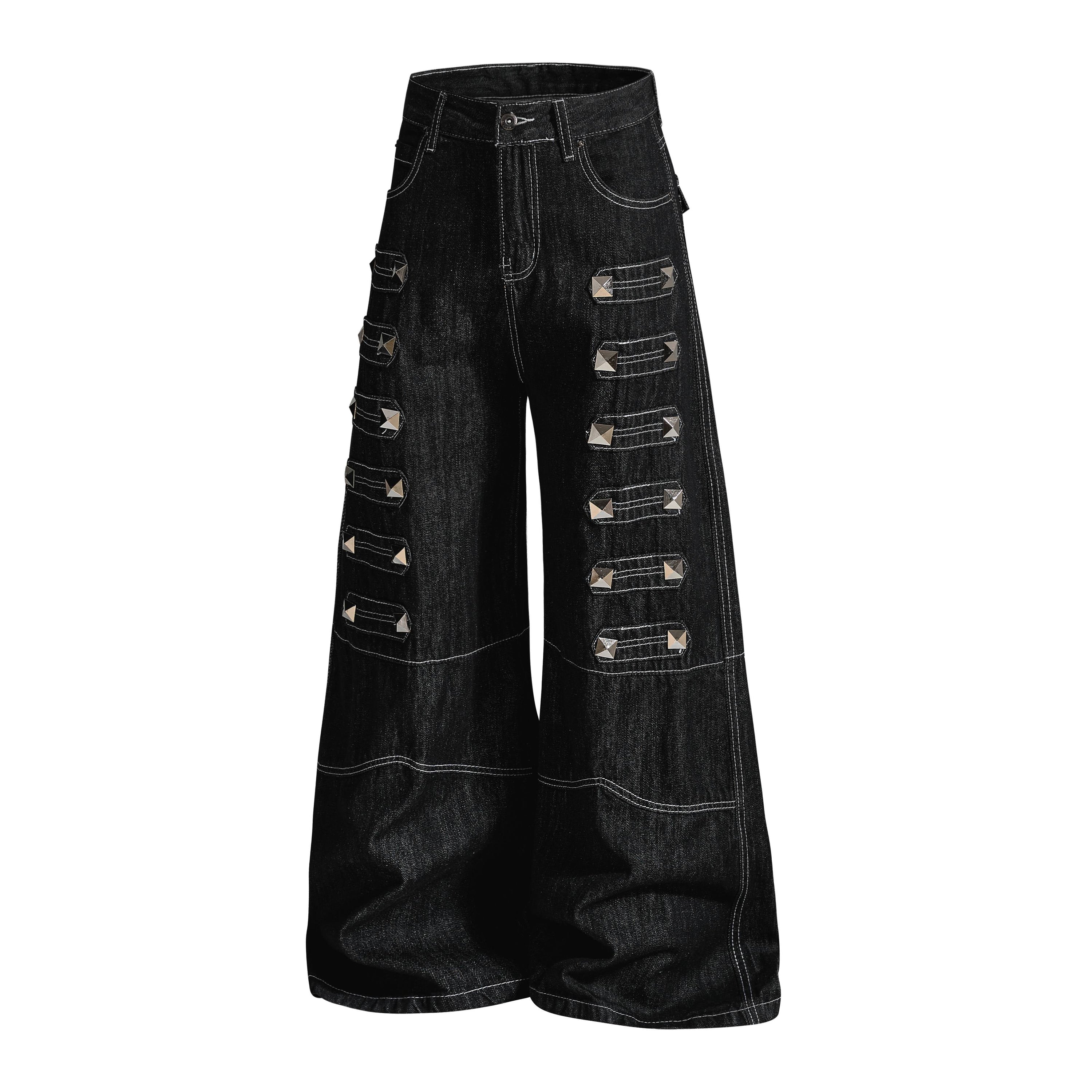 Studded Strap Wide-Leg Denim Pants | Punk Streetwear Jeans