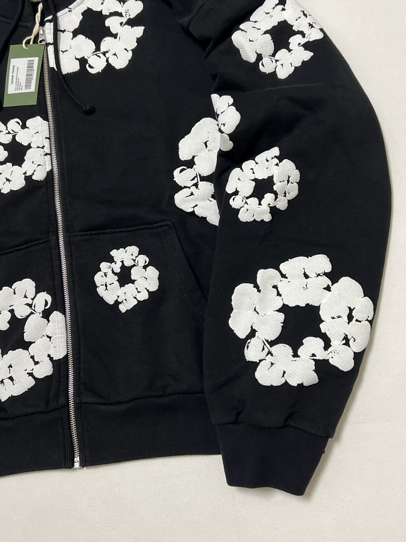 Denim Tears Cotton Wreath Puff Print Zip-Up Hoodie – Black & White
