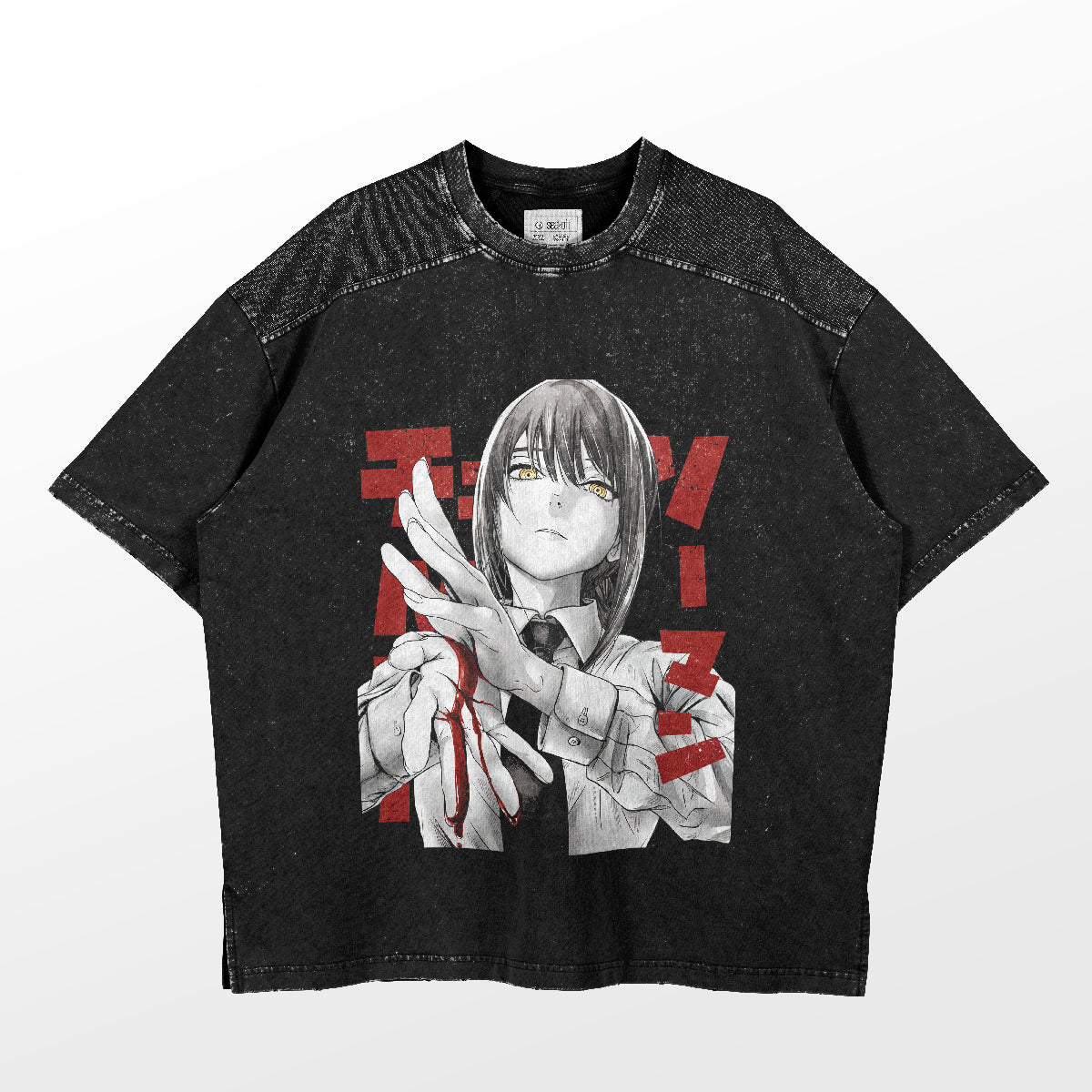 The Chainsaw Man Makima T-Shirt is a black, 100% cotton anime shirt featuring a long-haired character with a tie, making a hand gesture against red Japanese text. Part of the Chainsaw Man Collection, it has a faded texture for style.