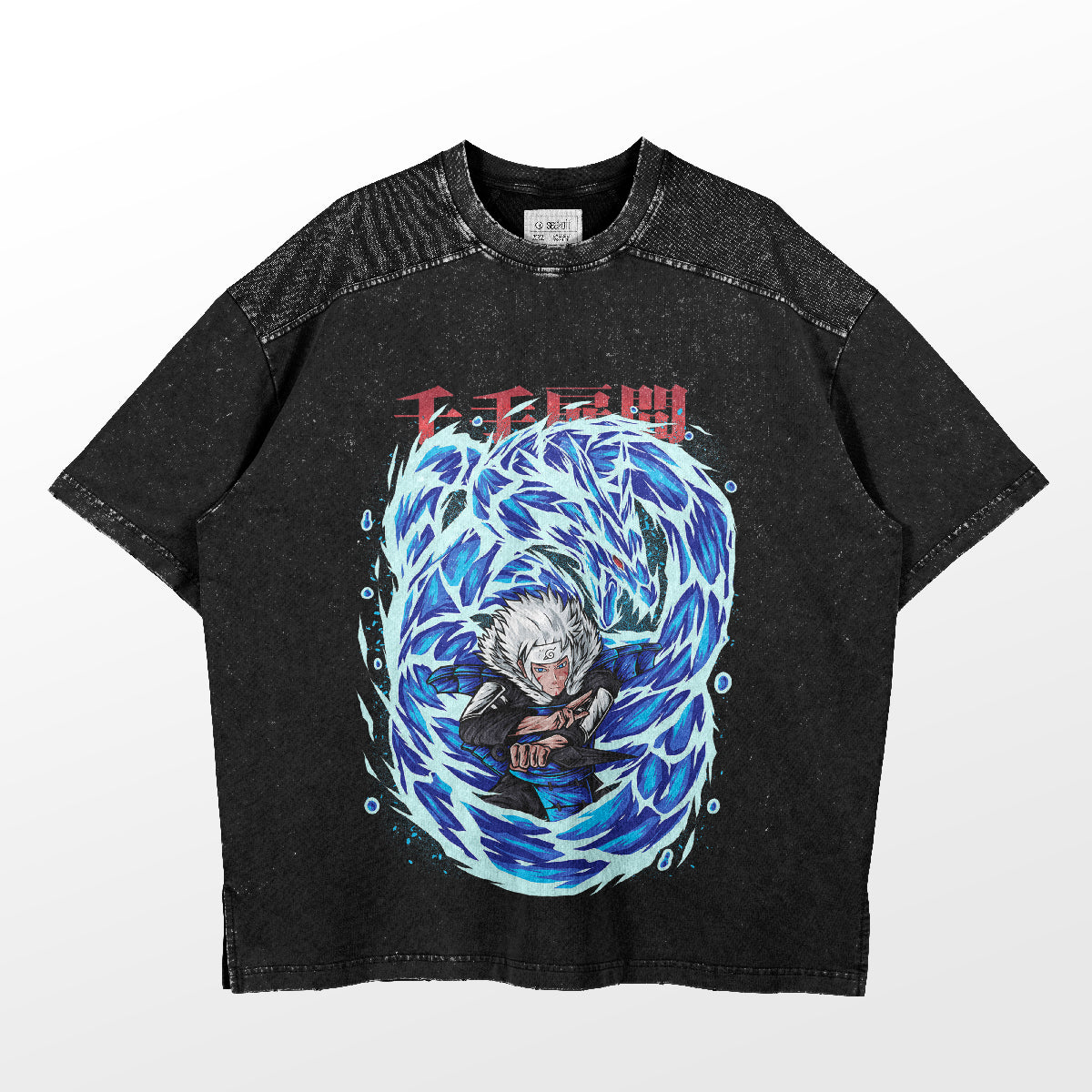 The Naruto Tobirama Senju Water Dragon Jutsu T-Shirt features a graphic of Tobirama with white hair, surrounded by blue energy waves. Red stylized text is above the design, and the shirt has textured sleeves and shoulders.