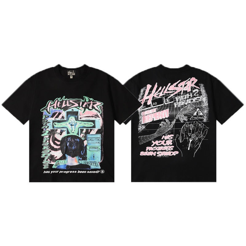 เสื้อยืด Hellstar Path 2 Paradise-เสื้อยืด Black Hellstar พร้อมกราฟิกไซเบอร์และ“ ได้รับการบันทึกความคืบหน้าของคุณ” ฝ้าย 250GSM