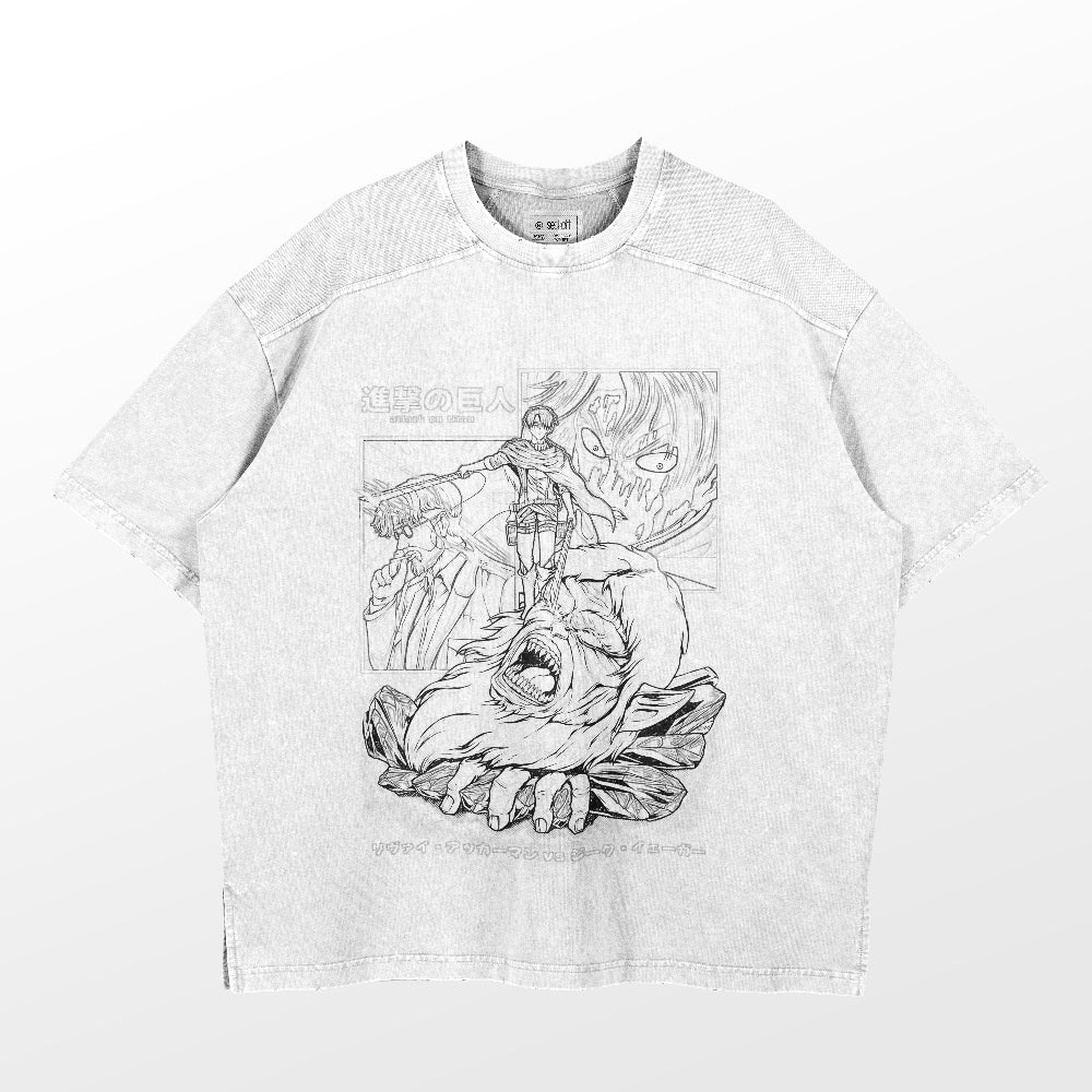 The Attack on Titan Levi Ackerman vs. Beast Titan Washed Vintage T-Shirt features high-quality gray 260 GSM cotton fabric, showcasing Levi with swords atop the Beast Titan's head in a black and white manga style, surrounded by intricate Japanese text.