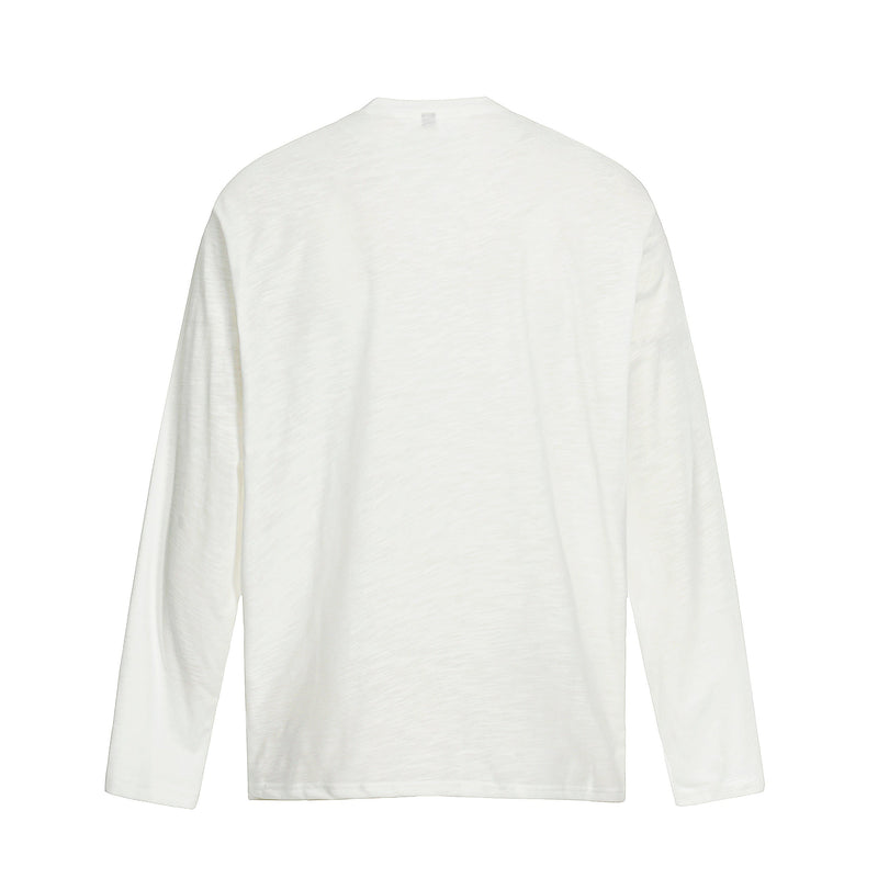 Back view of white long sleeve tee with plain solid back