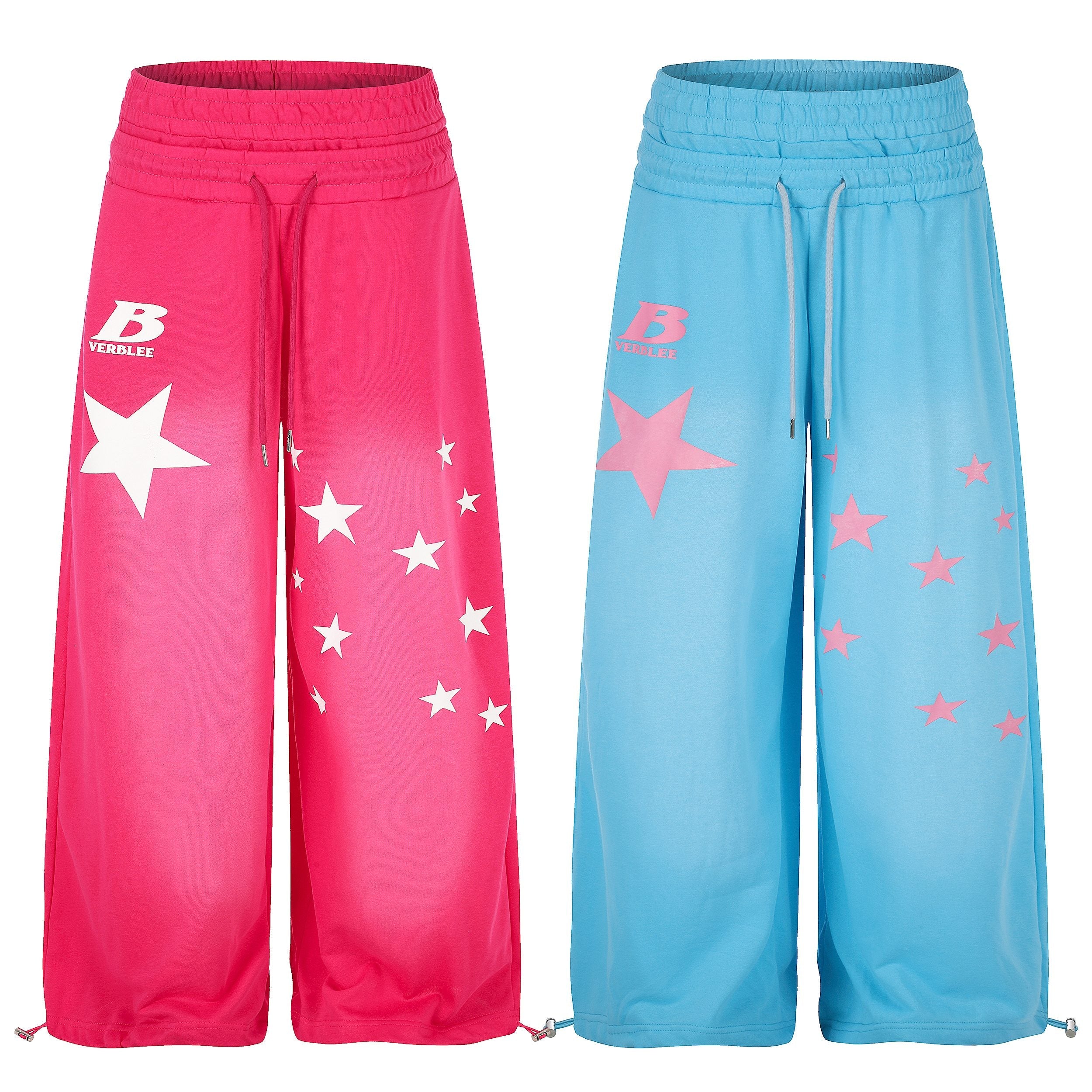 VERBLEE wide-leg sweatpants in hot pink and sky blue with oversized star graphic prints and drawstring waist