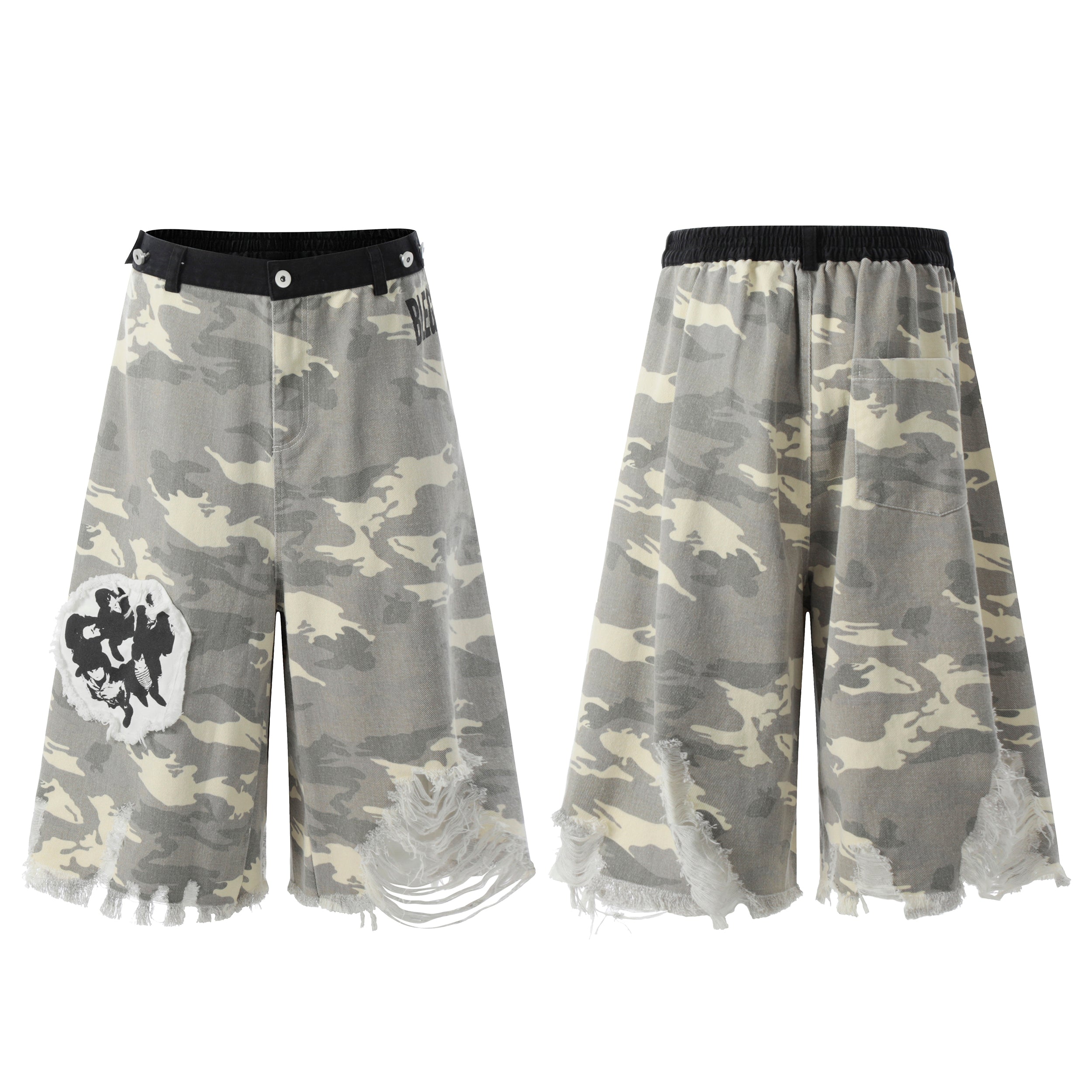 Front and back view of grey camo wide-leg distressed jorts with frayed hem, black waistband, and graphic patch