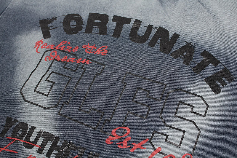 Vintage washed gray graphic T-shirt with bold black and red Fortunate Gles print on the chest